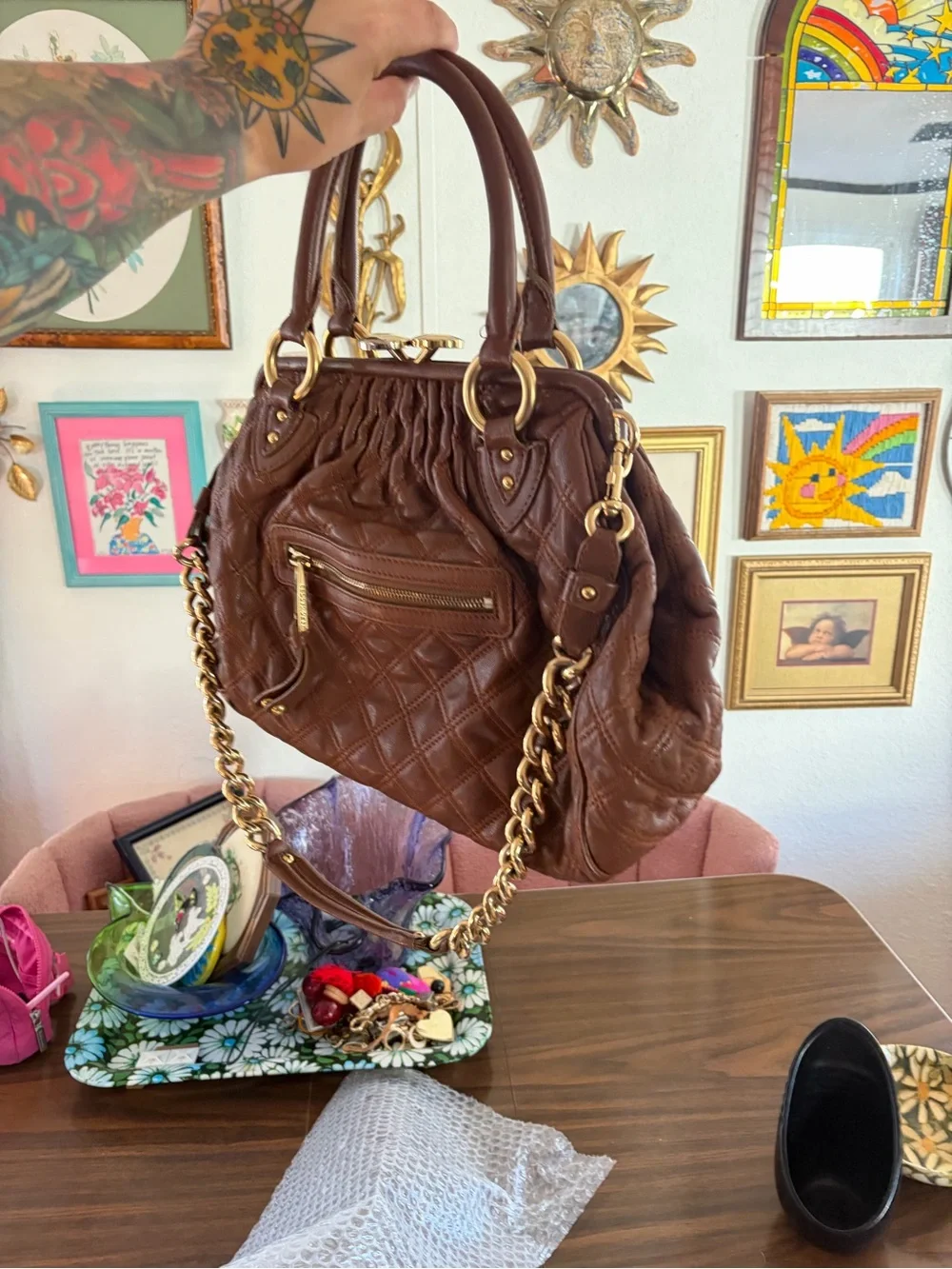 Marc Jacobs Stam Purse Satchel Frame Handbag Brown Quilted Leather Chain Strap